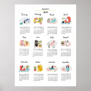 Cute Tecknad Cats och Hundar 2024 Kalender Poster