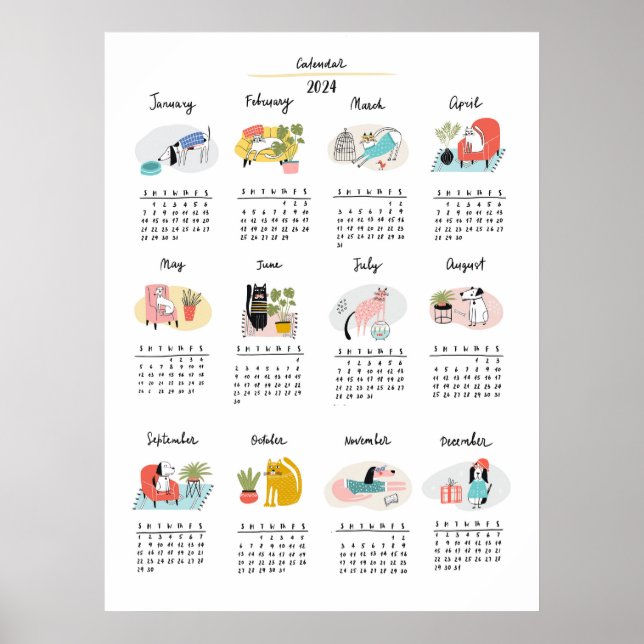 Cute Tecknad Cats och Hundar 2024 Kalender Poster (Framsidan)