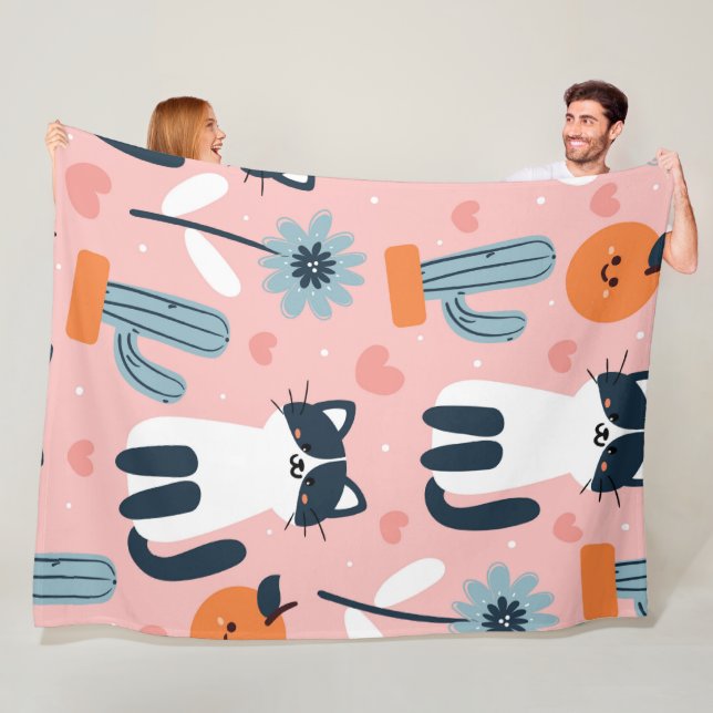 Cute tecknad Cats Sömlös Mönster Fleecefilt (På plats)