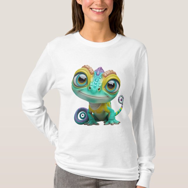Cute Tecknad Chameleon med stort Ögon | Färgfull L T Shirt (Framsida)