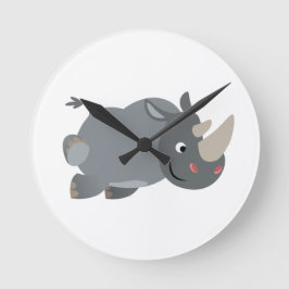 Cute Tecknad Charting Rhino Wall Clock Rund Klocka