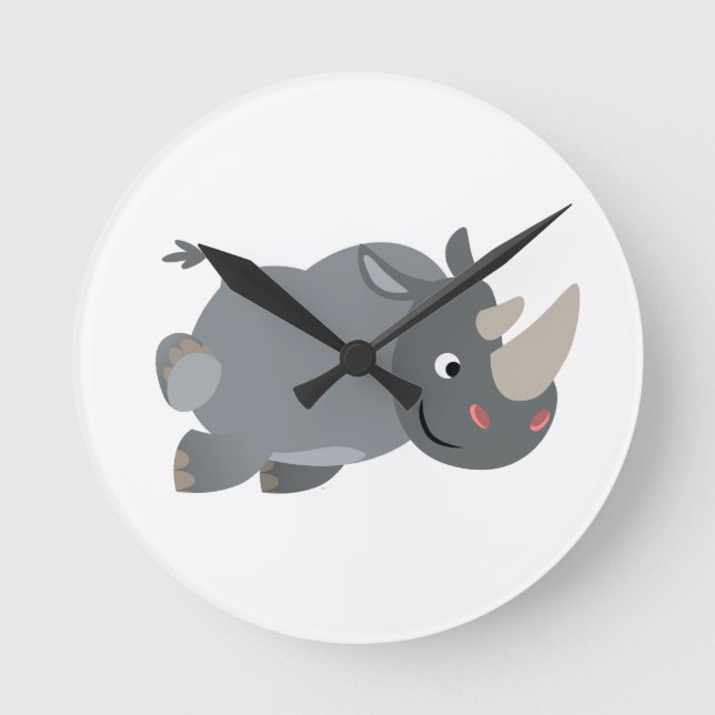 Cute Tecknad Charting Rhino Wall Clock Rund Klocka (Framsida)