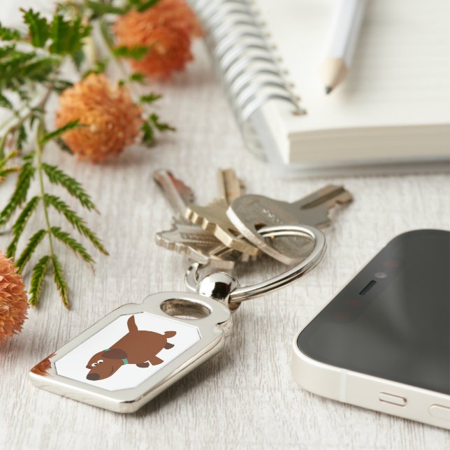 Cute Tecknad Chocolate Labrador Metall Keychain Rektangulärt Silverfärgad Nyckelring (Sidan)
