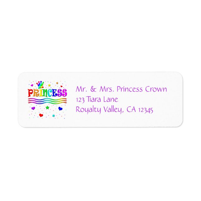 Cute Tecknad Clip Art Rainbow Princess Tiara Returadress Etikett (Framsidan)