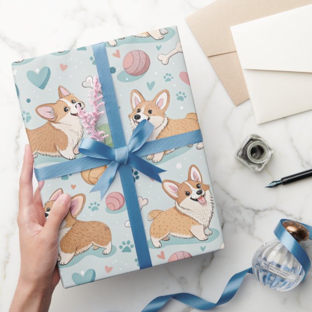 Cute Tecknad Corgi Wrapping Papper - Light Blue Hu Presentpapper (Gifting)