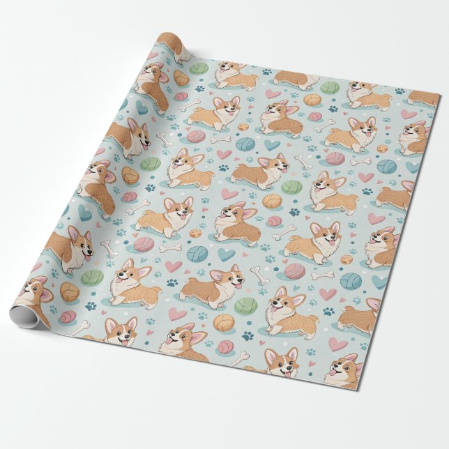 Cute Tecknad Corgi Wrapping Papper - Light Blue Hu Presentpapper (Utrullad)