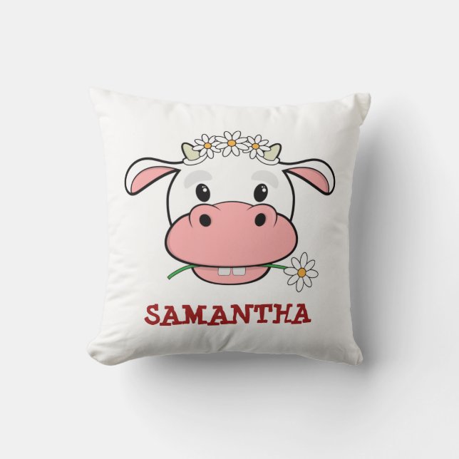 Cute Tecknad Cow | Anpassat namn Pillow för husdju Kudde (Framsida)