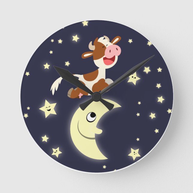 Cute Tecknad Cow-hopping över Måne-klockan Rund Klocka (Framsida)