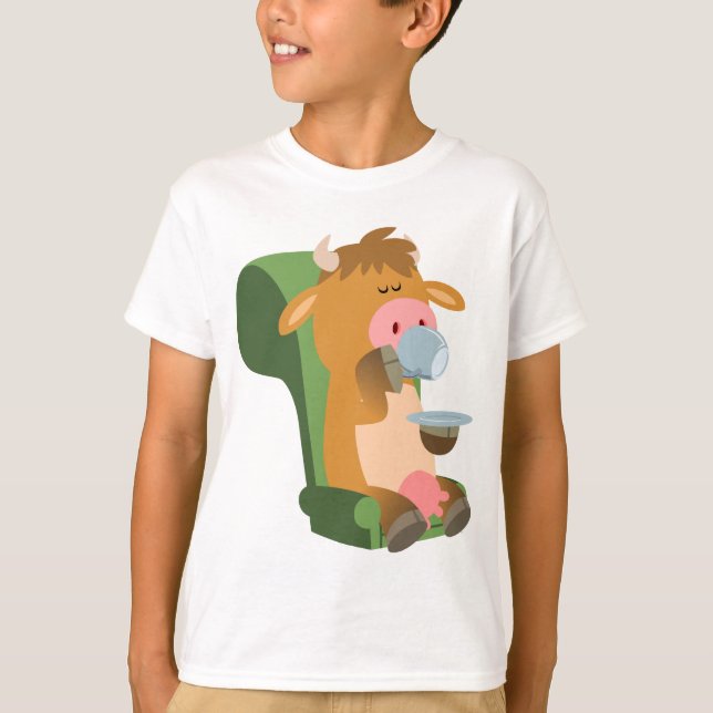 Cute Tecknad Cow och Nice Cuppa Children T-Shirt (Framsida)