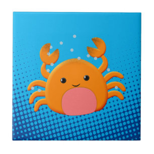 Cute Tecknad Crab Blue Ocean Kakelplatta
