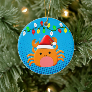 Cute Tecknad Crab Santa Hat jul Ljus Julgransprydnad Keramik