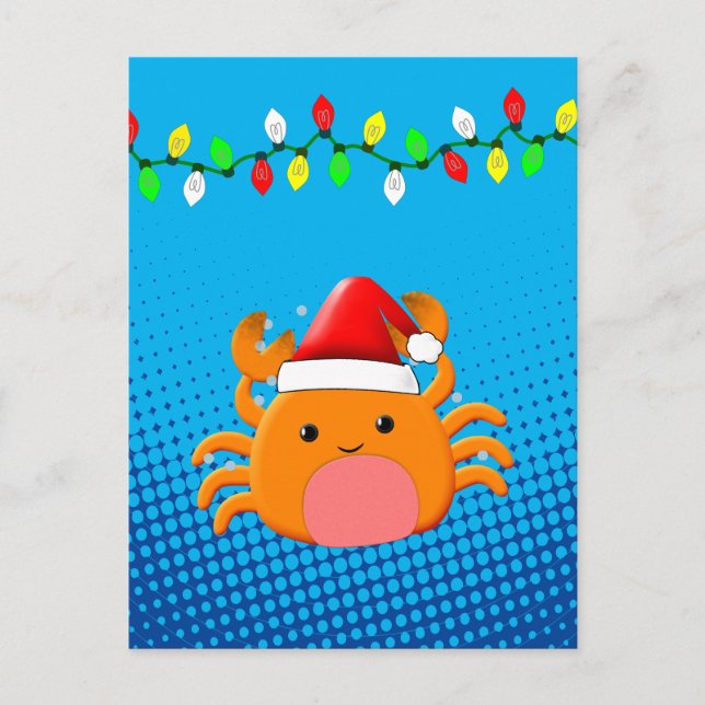 Cute Tecknad Crab Santa Hat jul Ljus Vykort (Framsida)