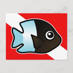 Cute Tecknad Damselfish Dive Flagga Vykort