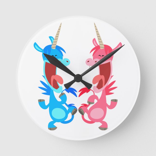 Cute Tecknad Dansing Unicorns Wall Clock Rund Klocka (Framsida)