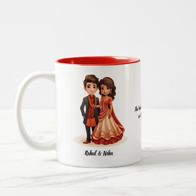 Cute Tecknad Desi Bride & Groom Indian Bröllop Två-Tonad Mugg (Vänster)