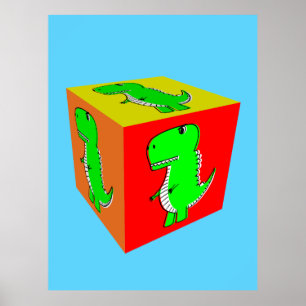 Cute Tecknad Dino Cube Art Poster