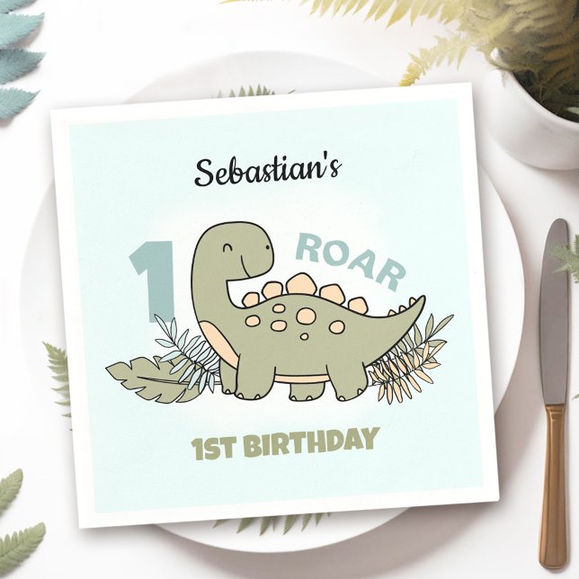 Cute Tecknad Dinosaur Blue Grönt Boy 1:a födelseda Pappersservett (Cute Cartoon Dinosaur Blue Green Boy 1st Birthday Napkins)