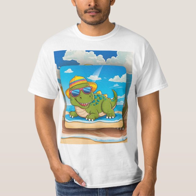 Cute Tecknad Dinosaur Relaxing på bålen med en T Shirt (Framsida)