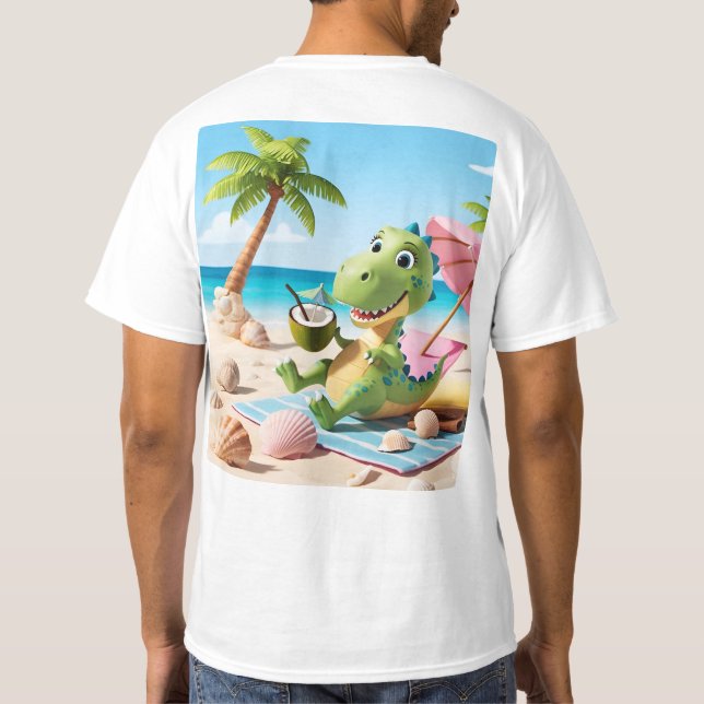 Cute Tecknad Dinosaur Relaxing på BeachT-Shirt T Shirt (Baksida)