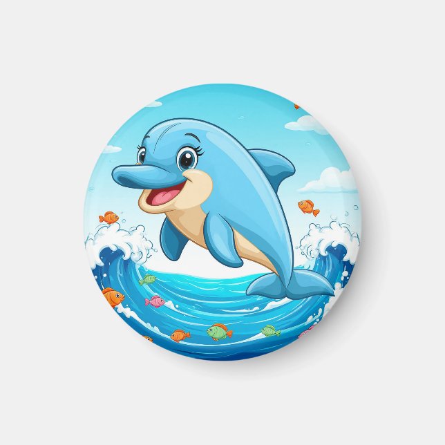 Cute Tecknad Dolphin Splashin i Vatten Magnet (Framsidan)