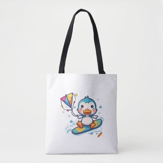 "Cute Tecknad Duckling Kiteboarding - White Backgr Tygkasse (Framsida)