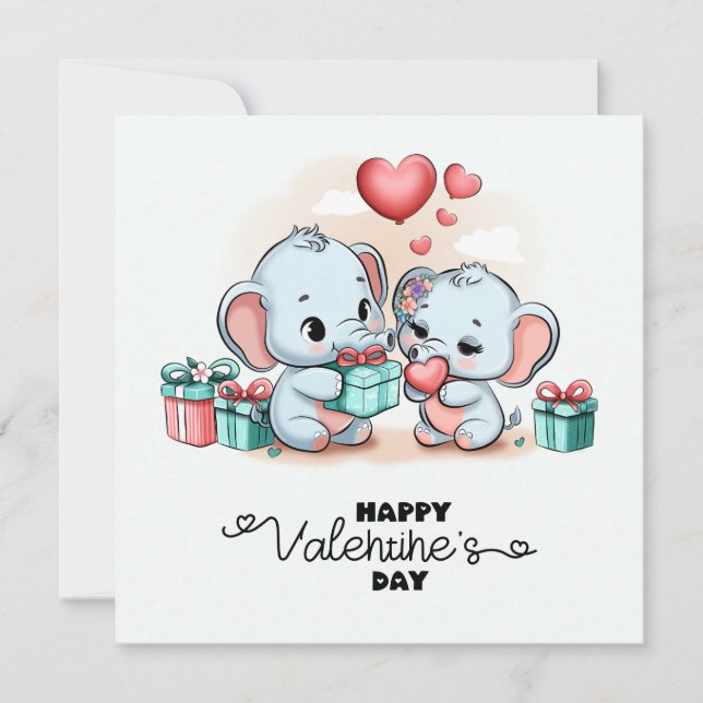 Cute Tecknad Elephant Älskare Heart Valentines day Julkort (Framsida)