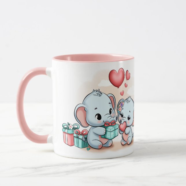 Cute Tecknad Elephant Älskare Heart Valentines day Mugg (Vänster)