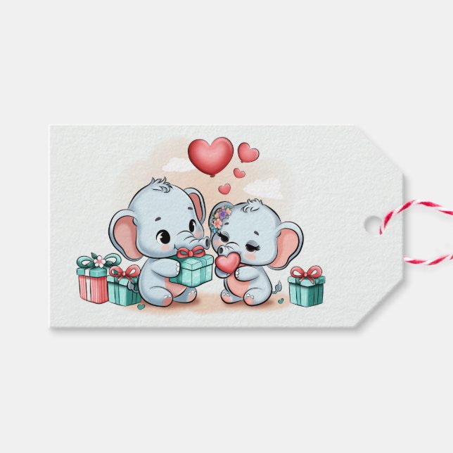 Cute Tecknad Elephant Älskare Heart Valentines day Presentetikett (Framsidan (Horizontal))