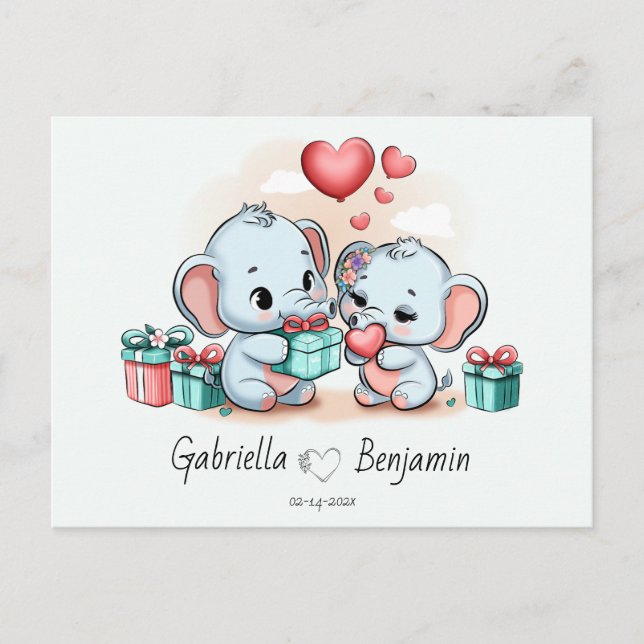 Cute Tecknad Elephant Älskare Heart Valentines day Vykort (Framsida)