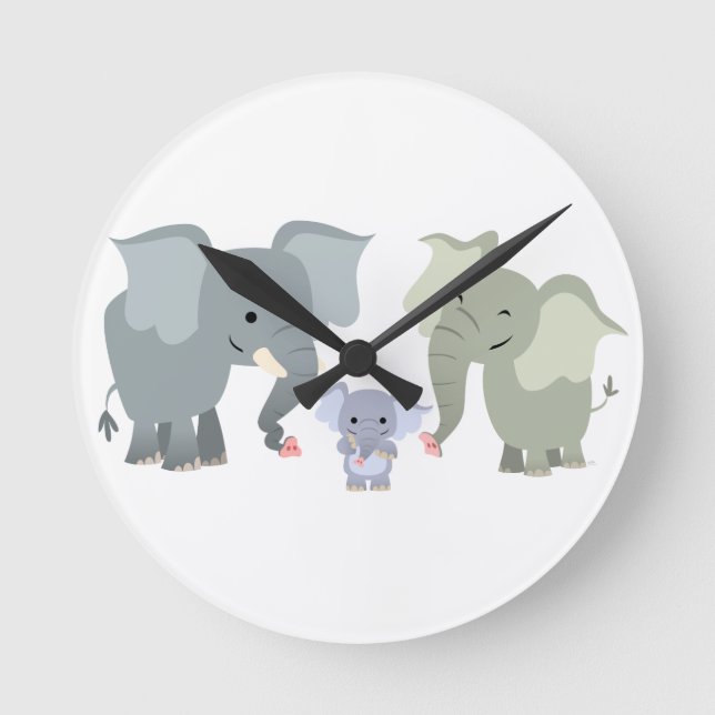 Cute Tecknad Elephant Family Wall Clock Rund Klocka (Framsida)