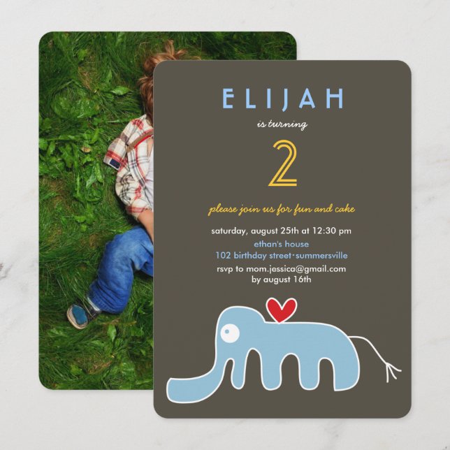 Cute Tecknad Elephant Kids Photo Födelsedagsfest Inbjudningar (Fram/baksida)
