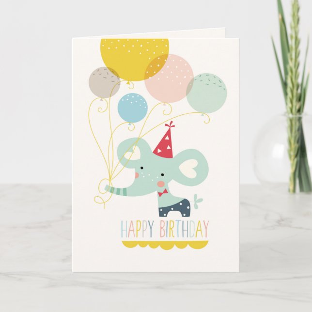 Cute Tecknad Elephant med Balloth Birthday Card Kort (Framsida)