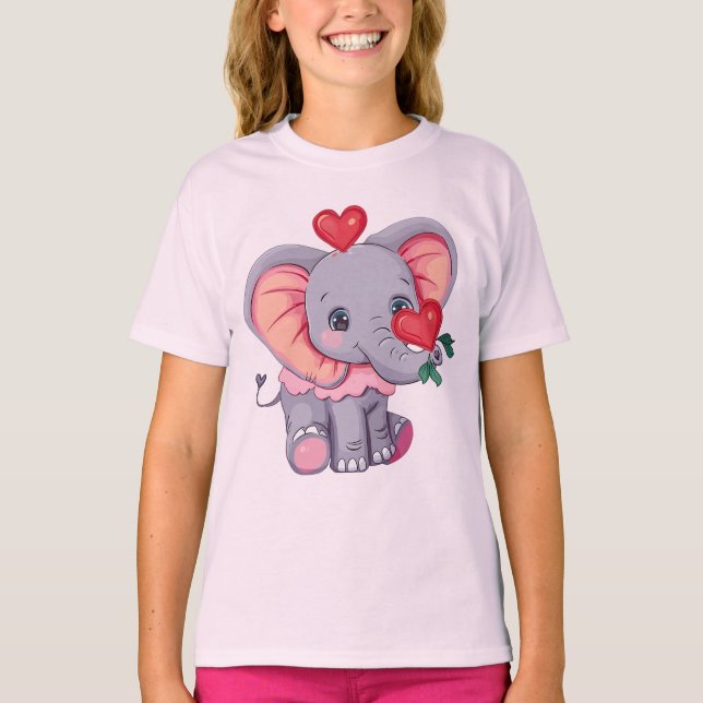 Cute Tecknad Elephant med hearts-adjektiv T Shirt (Framsida)