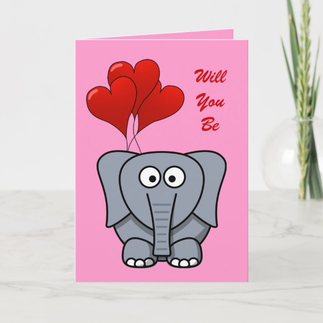 Cute Tecknad Elephant Red Heart Balloine Valentine Helgkort (Framsida)