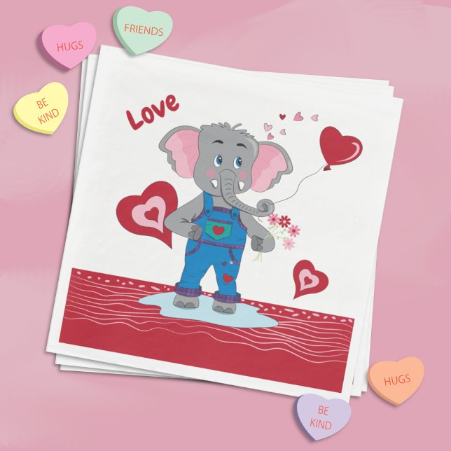 Cute Tecknad Elephant White och Red Papper Napkins Pappersservett (Cute red and white Paper napkins with a cartoon elephant and some hearts . )