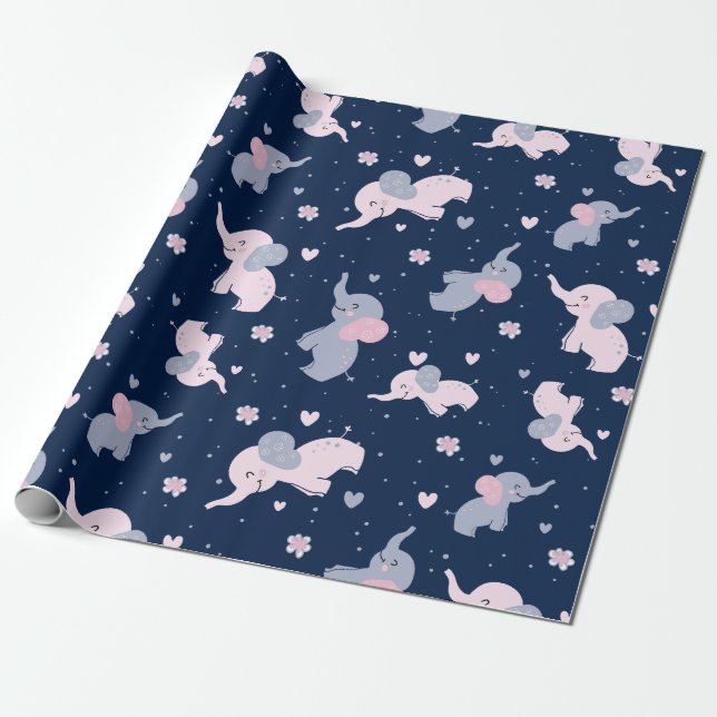 Cute tecknad elephants mönster på marinblått presentpapper (Utrullad)