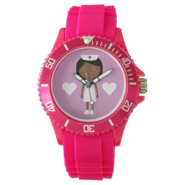 Cute Tecknad Ethnic Nurse & Hearts Rosa Armbandsur (Framsida)