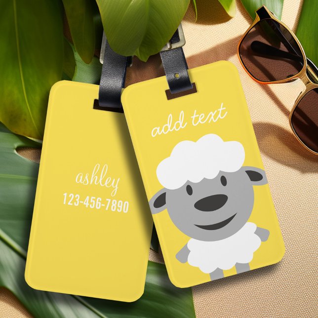 Cute Tecknad Farm Får - gult och grått Bagagebricka (Personalized luggage tag - cute cartoon sheep
)