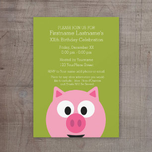 Cute Tecknad Farm Gris - Rosa och Lime Green Inbjudningar