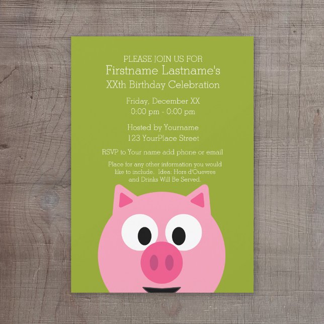 Cute Tecknad Farm Gris - Rosa och Lime Green Inbjudningar (Cute Birthday Party Invitation - cartoon pig)