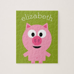 Cute Tecknad Farm Gris - Rosa och Lime Green Pussel