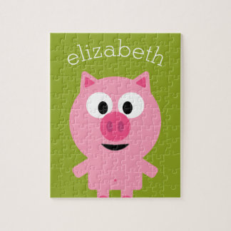 Cute Tecknad Farm Gris - Rosa och Lime Green Pussel