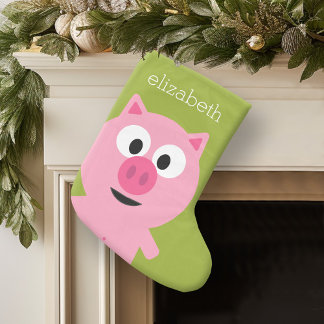 Cute Tecknad Farm Gris - Rosa och Lime Green Stor Julstrumpa