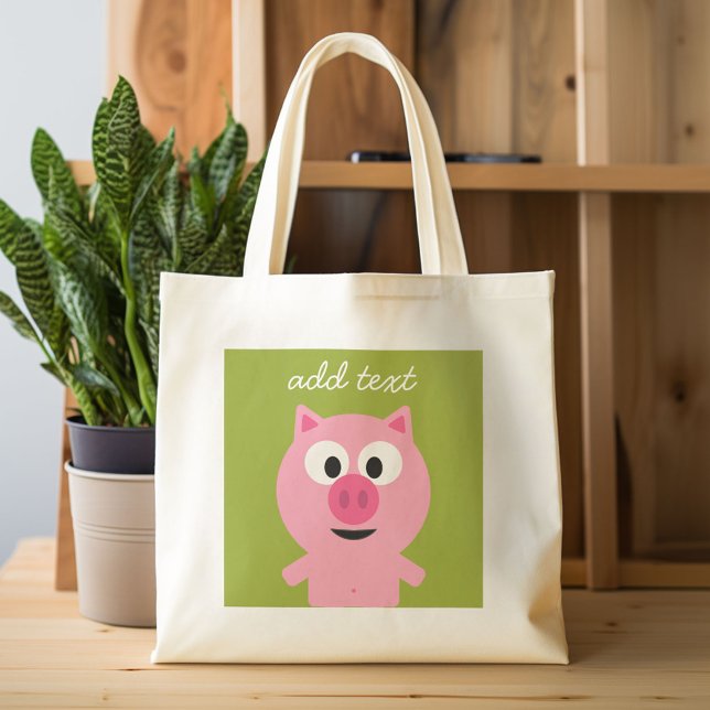 Cute Tecknad Farm Gris - Rosa och Lime Green Tygkasse (Custom Canvas Tote Bag)