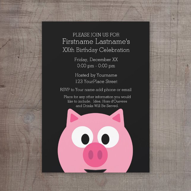 Cute Tecknad Farm Gris - Rosa och svart Inbjudningar (Cute Birthday Party Invitation - cartoon pig)