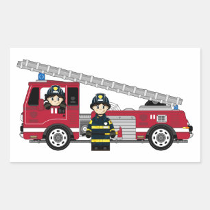 Cute Tecknad Fireman och Fire Engine Rektangulärt Klistermärke
