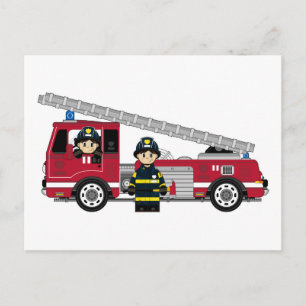 Cute Tecknad Fireman och Fire Engine Vykort