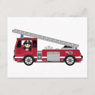 Cute Tecknad Fireman och Fire Engine Vykort