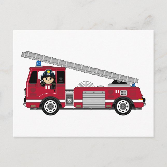 Cute Tecknad Fireman och Fire Engine Vykort (Framsida)