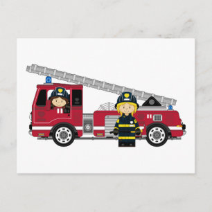 Cute Tecknad Fireman och Fire Engine Vykort